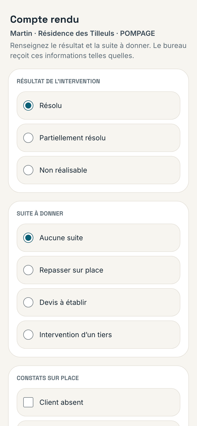 Le compte rendu se remplit sur place